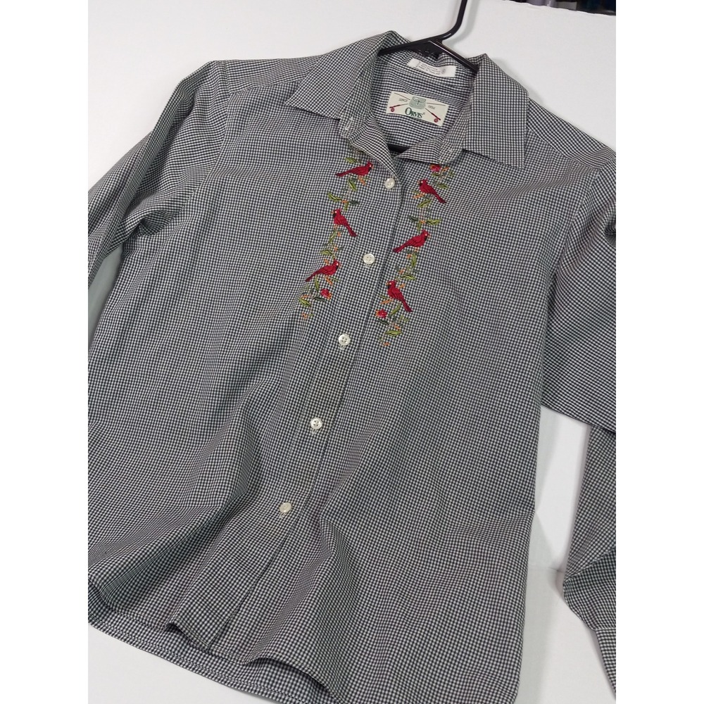 Vintage‎ Orvis Womens Gingham Cardinal Embroidered Shirt Black White Size 8